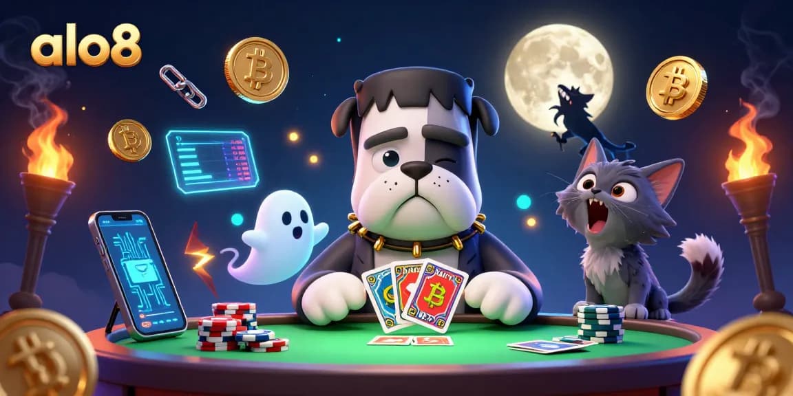 Play exciting casino games at alo8 featuring a vibrant 3D scene with unique characters and crypto elements.