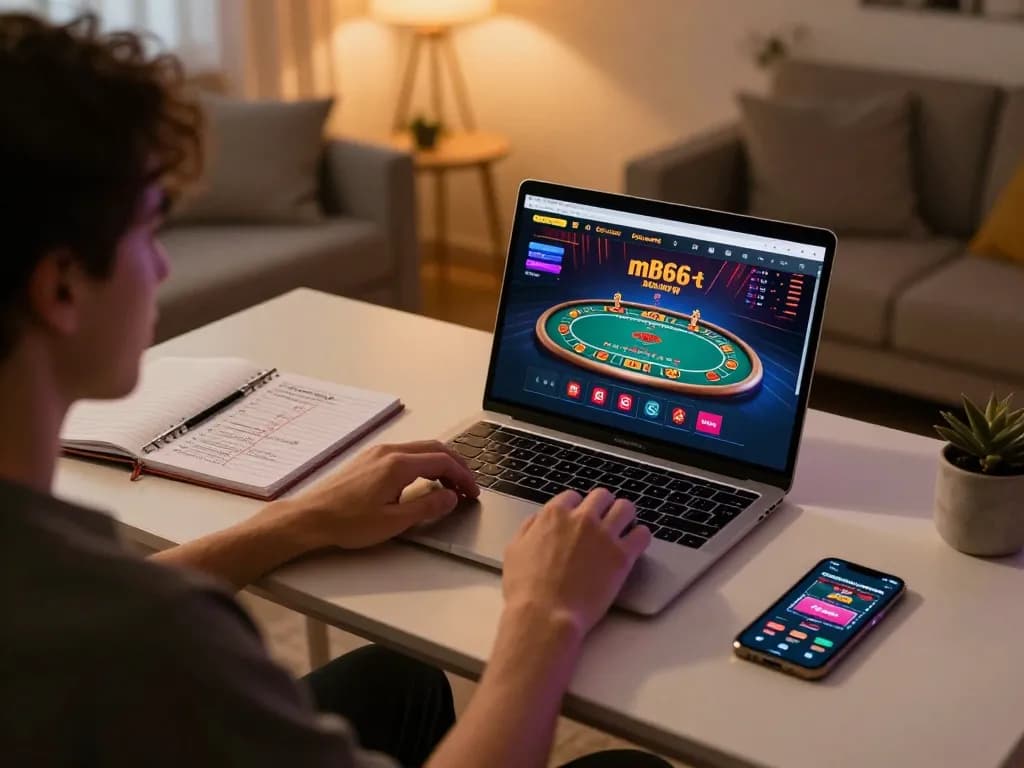 Engaging online gaming environment with mb66-t interface and cozy desk setup for strategic gameplay.