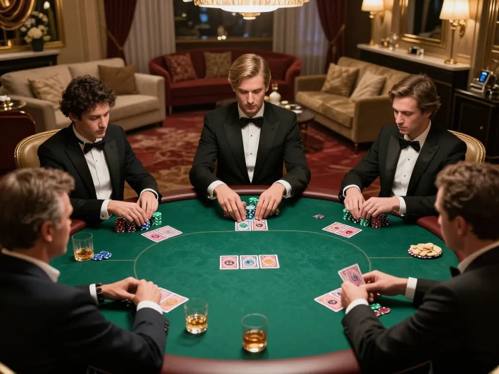 Players engaged in a high-stakes poker game at a luxurious table, focusing on strategy and large soibet chips.