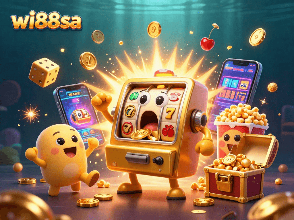 Experience the thrill at wi88sa with a lively scene of slot machines celebrating a jackpot!
