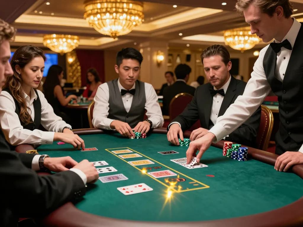 Các người chơi tại bàn blackjack LUCK8 tham gia vào trò chơi căng thẳng với bài và chip