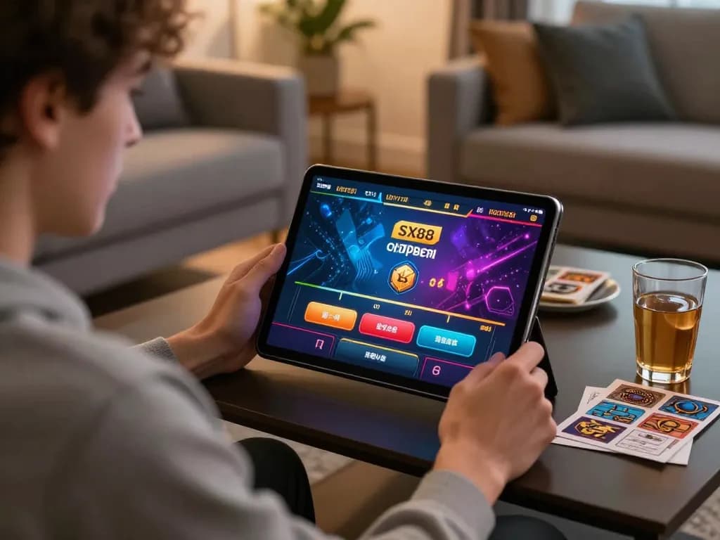SX88 players enjoying online casino gameplay on a tablet with a cozy atmosphere.