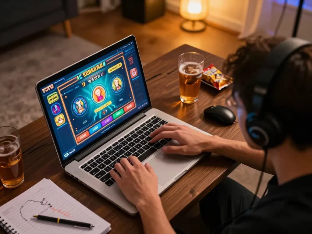 Player enjoying an online gaming session on ph33.info, showcasing a colorful casino interface in a cozy home setting.