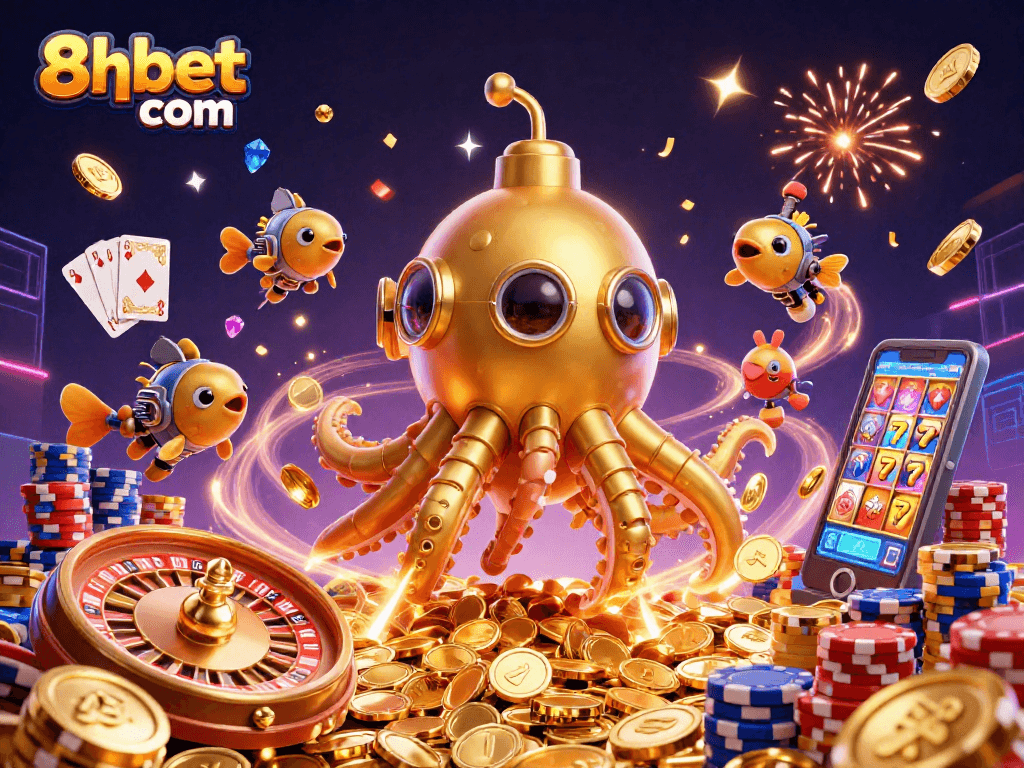 Experience thrilling gameplay at 8xbet com with golden kraken submarine and vibrant casino elements.