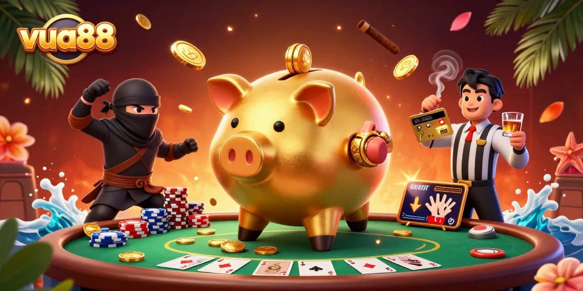 Engage with vua88's exciting poker gameplay as a golden piggy bank sumo wrestler dominates the scene.