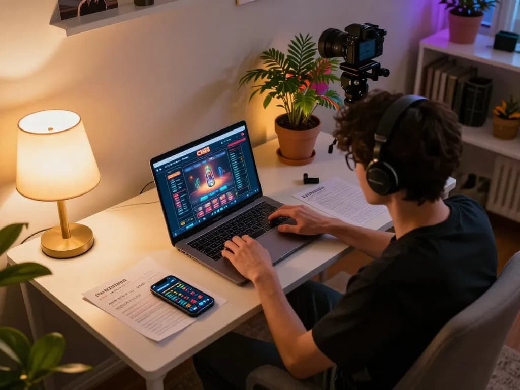 Player engaging in CM88 online casino gaming at home, laptop displaying betting strategies and gameplay.