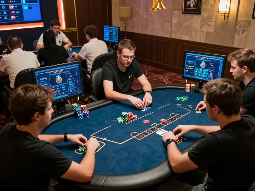 Miso88 players engaged in an intense online poker game, showcasing strategic gameplay and vibrant betting scene.