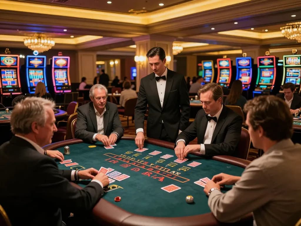Players engaging in strategic blackjack gameplay at DH88 casino with elegant dealers and vibrant lighting.