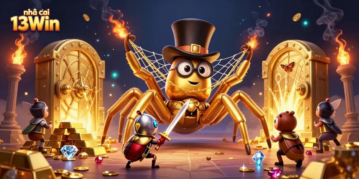 Experience the thrill of nhà cái 13Win as a brave beetle knight faces a golden tarantula at the casino.