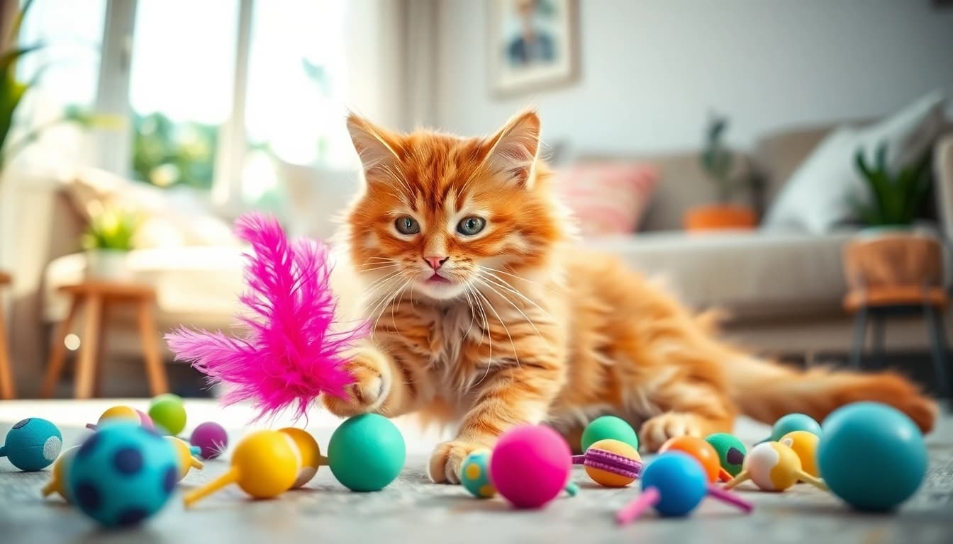 Katzenspielzeug in Aktion: Fluffy Katze spielt begeistert mit bunten Spielzeugen im Wohnzimmer.