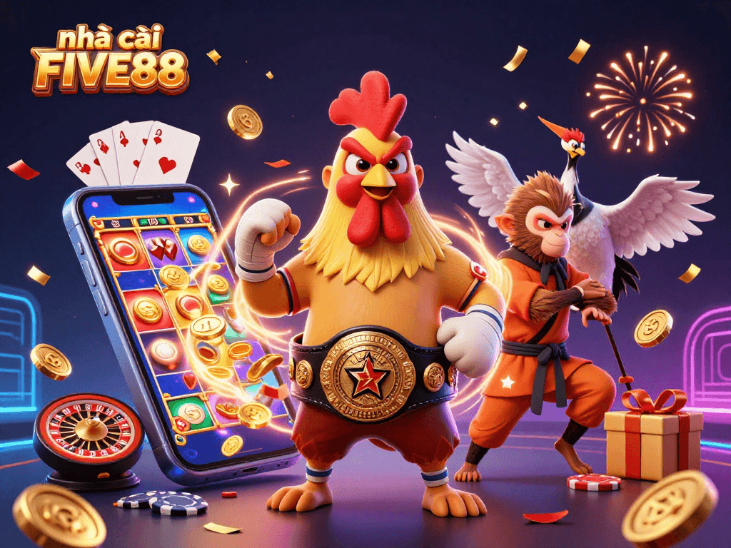 Experience the thrill of gaming at nhà cái FIVE88 with a vibrant casino scene featuring dynamic characters and joyful celebrations.