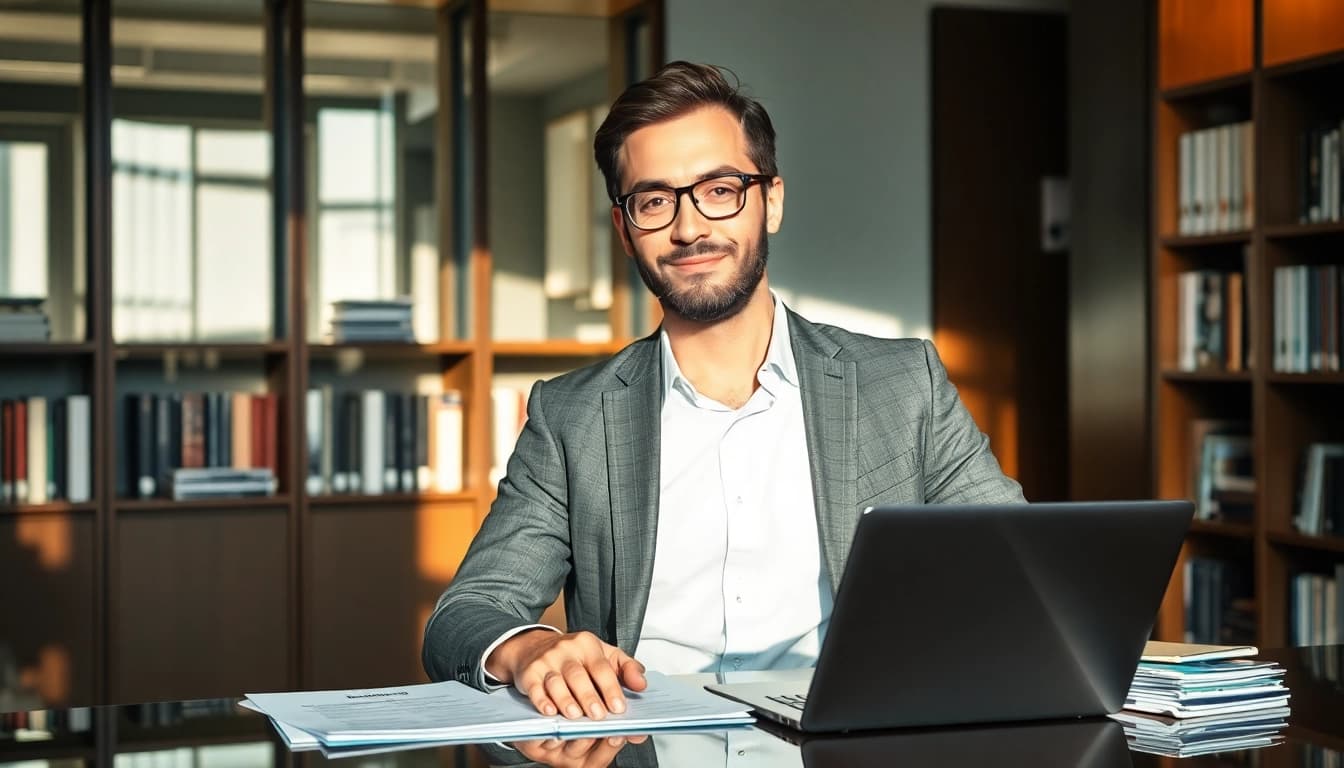 Headhunter CEO berät am Tisch mit Bewerbungsunterlagen im Büro.