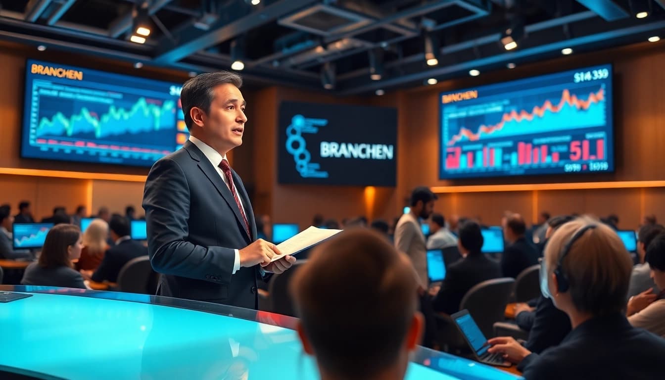 Aktuelle Branchen News präsentiert von einem Reporter auf einer Konferenz.