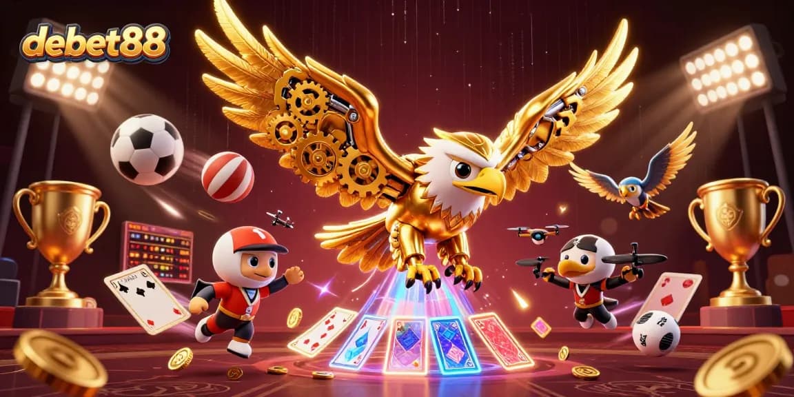 Engaging debet88 gameplay with a cybernetic eagle and dynamic sports elements
