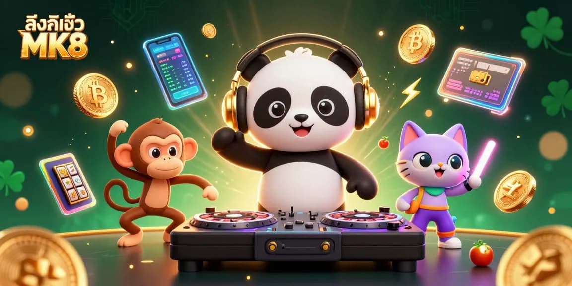 Engage with gaming excitement at ลิงก์เข้า MK8 through a vibrant 3D casino scene featuring eclectic characters and rich gaming elements.