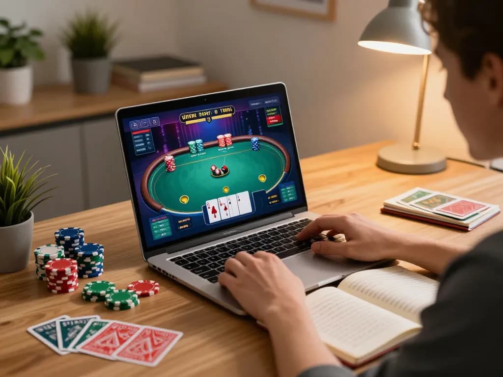 Nohu online poker session with player engaged in gameplay at home, chips and strategy notes visible