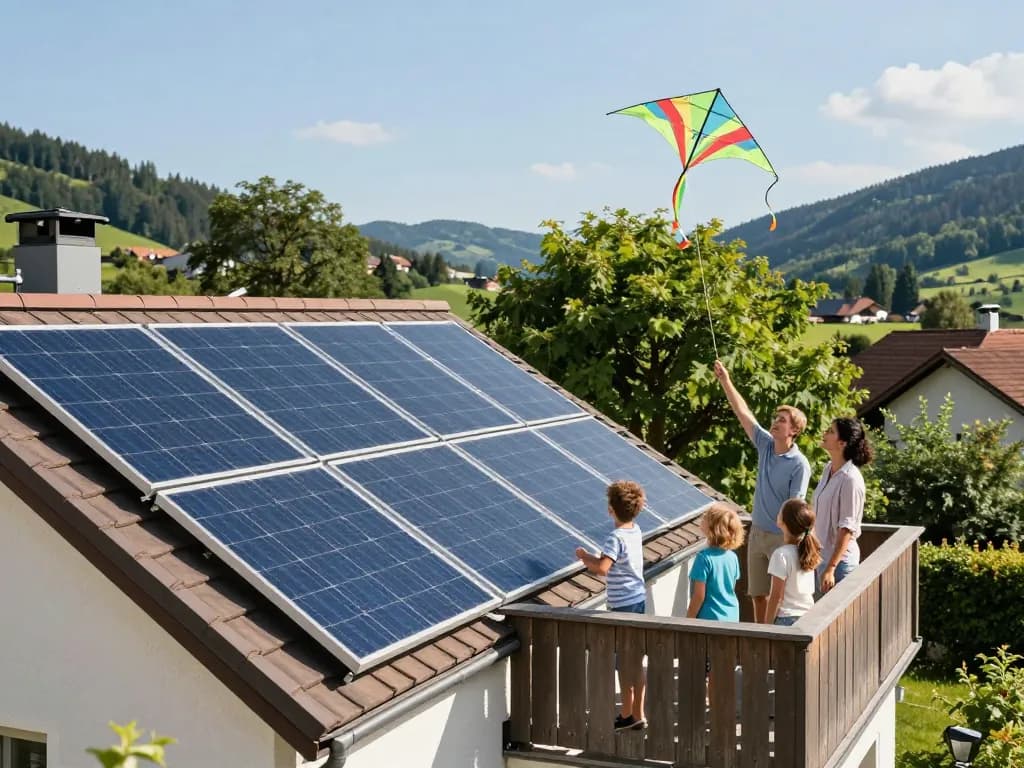 Installation von Photovoltaik in Bayern auf einem sonnigen bayerischen Dach mit einer fröhlichen Familie, die die Natur genießt.