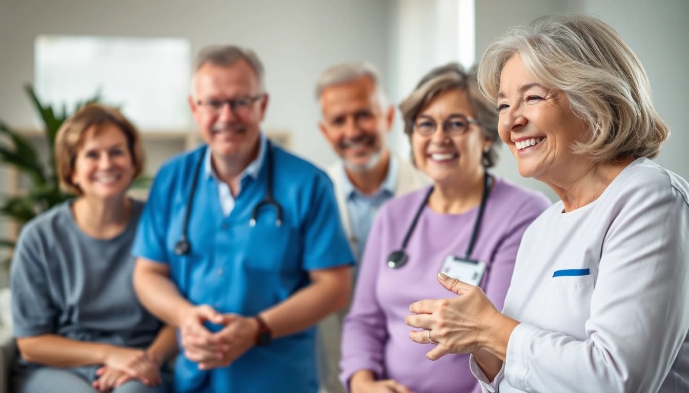 Werbung für Pflegedienste - Glückliche Patienten und engagiertes Pflegepersonal in einer herzlichen Umgebung.