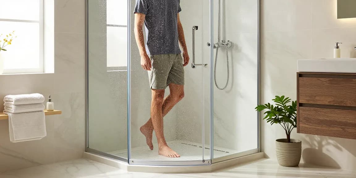 Stijlvolle douche cabine in moderne badkamer met chroomaccenten en natuurlijk licht