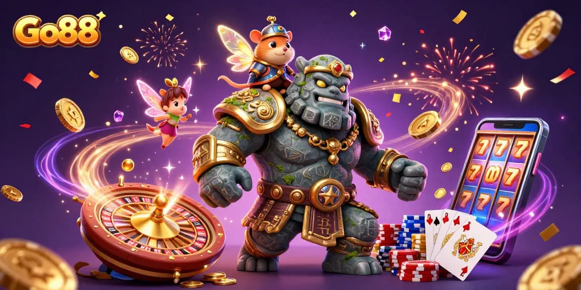 Experience excitement with Go88, featuring a golem, fairy, and hamster knight in a rich casino scene.