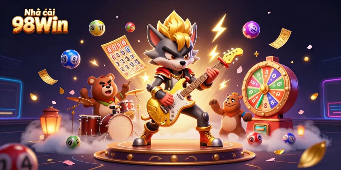 Engage with the dynamic world of Nhà cái 98Win, where cartoon characters come to life amidst vibrant casino elements.