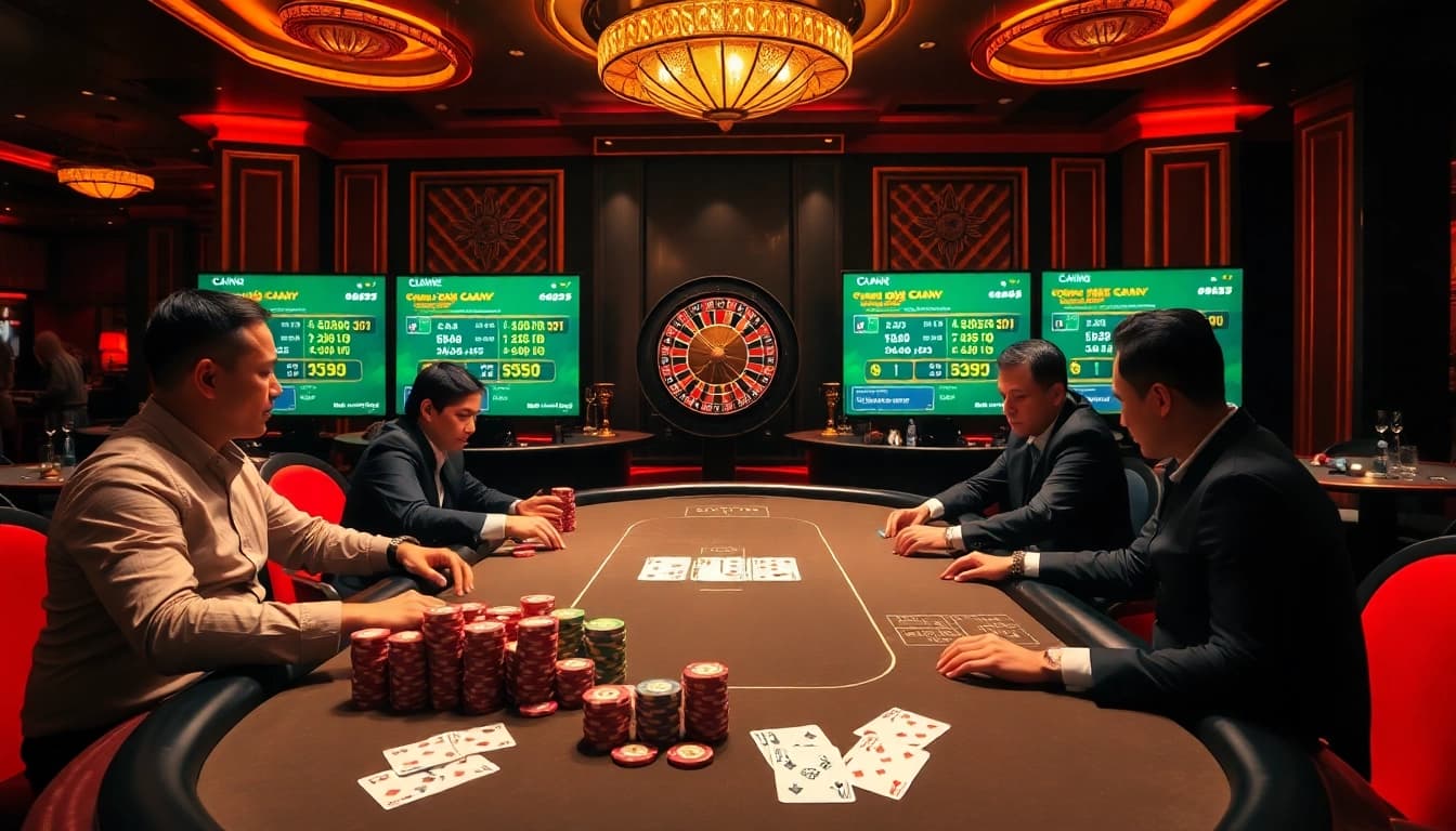 Engaging players at the poker table analyze keo nha cai betting odds amidst colorful chips and rich casino decor.