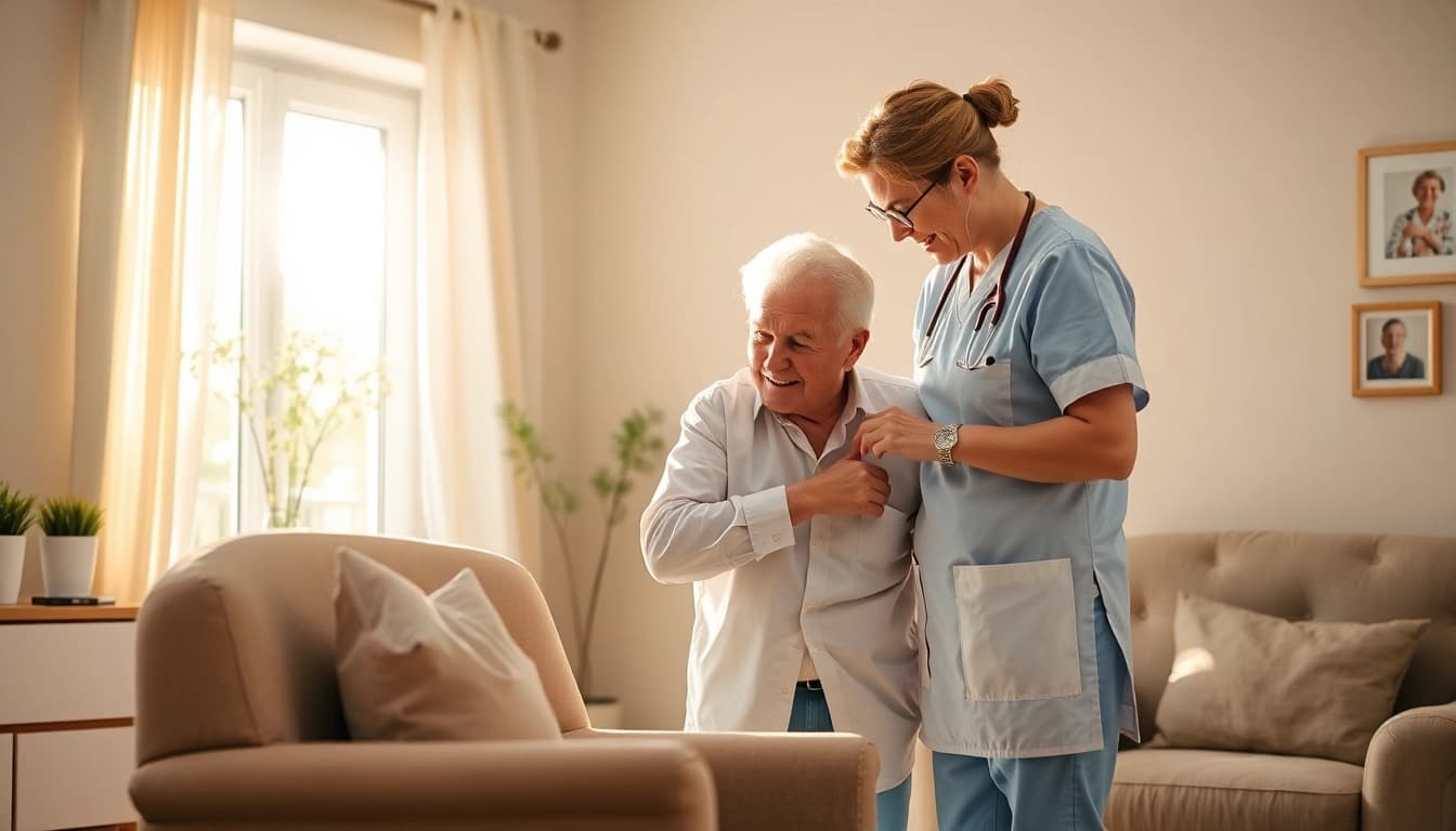 Pflegedienst-Team hilft liebevoll einem Senior bei der täglichen Pflege in einem warmen, gemütlichen Wohnzimmer.