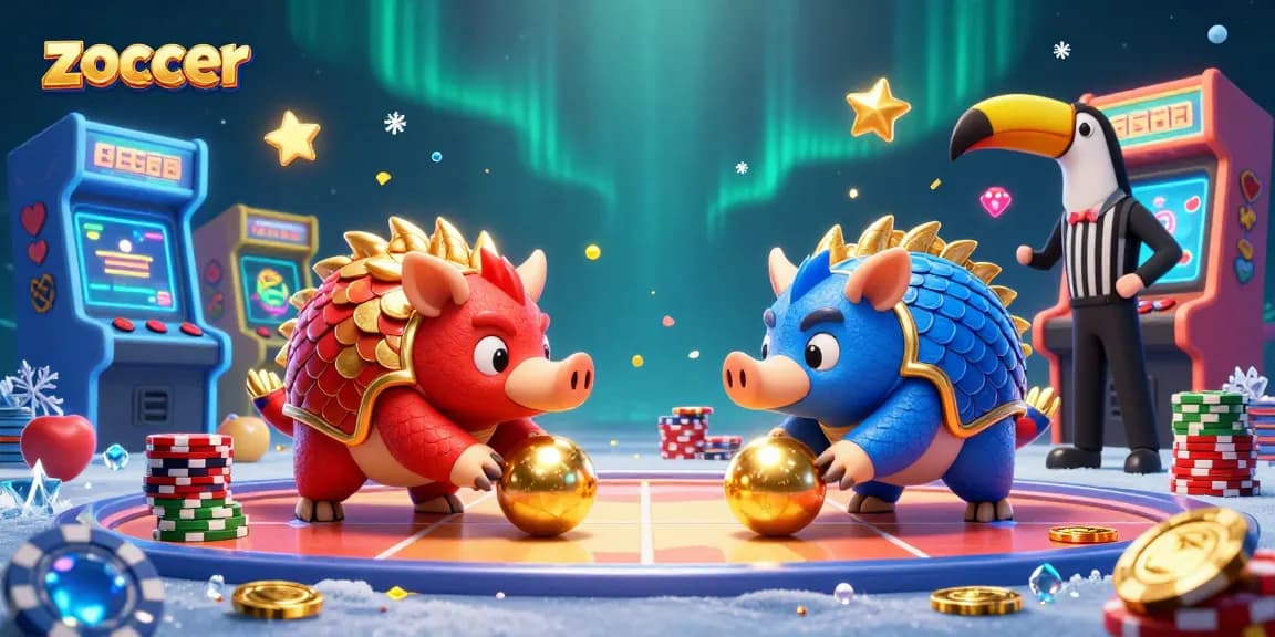 Engage in thrilling games at Zoccer Casino featuring vibrant pangolins, poker chips, and arcade elements.