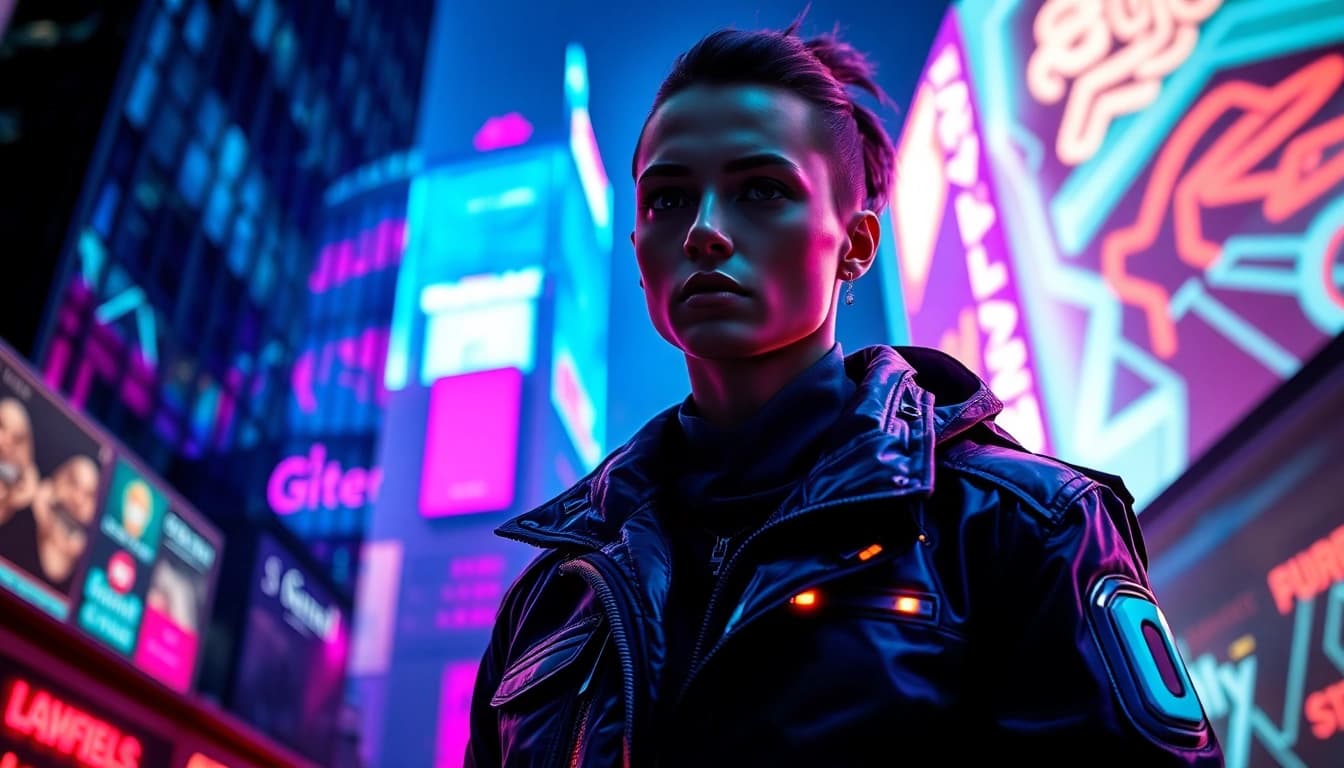 Trage cyberpunk apparel mit leuchtenden Details in einer urbanen Umgebung.