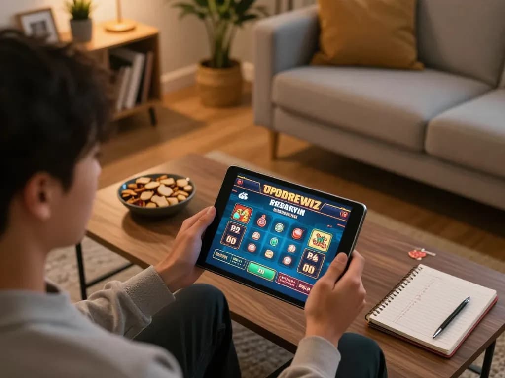 Engage with thrilling casino games at mm88.com in a cozy home setup, showcasing strategic gameplay with a tablet.