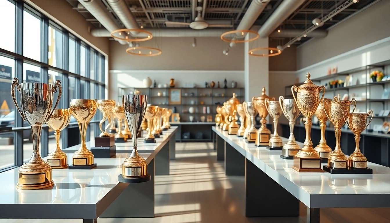 Pokale online bestellen in a sophisticated trophy showroom showcasing various elegant awards.