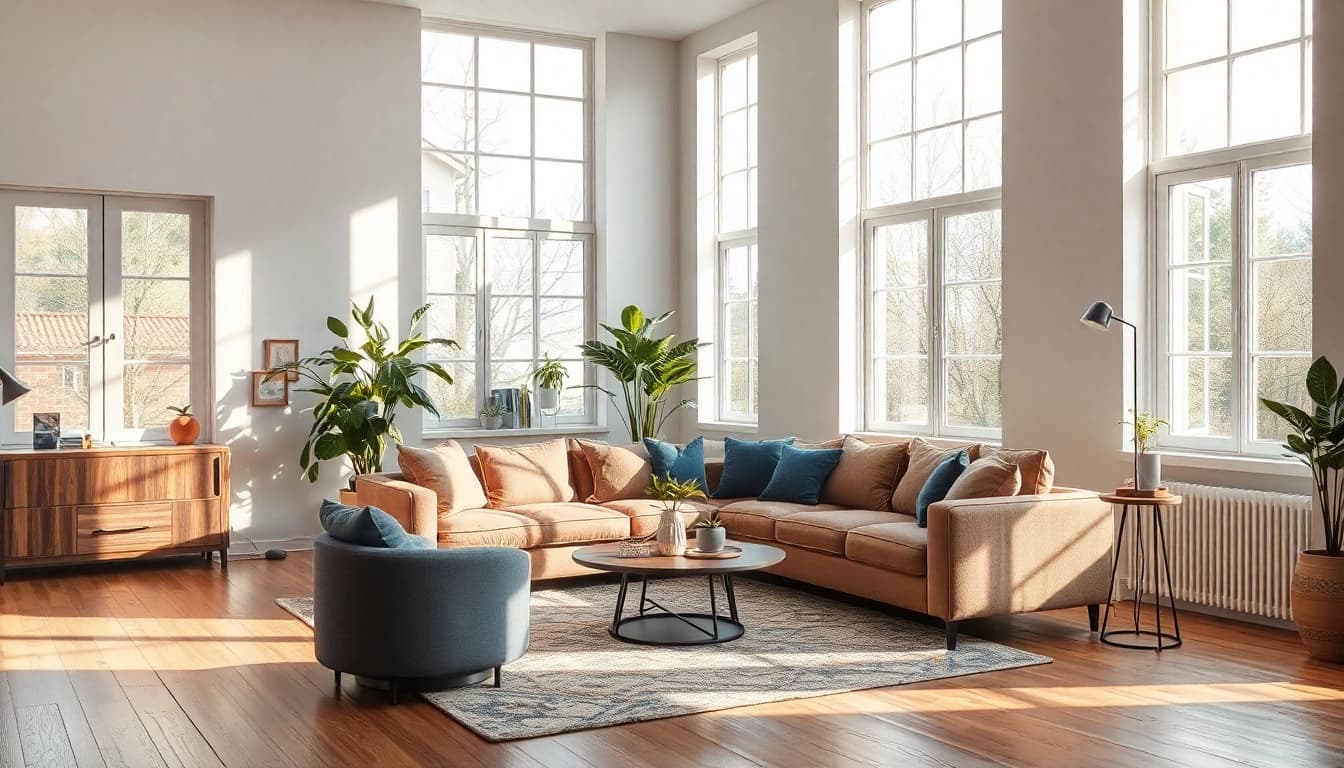 Raumgestaltung mit stilvollem Sofa und sanften Farben im modernen Wohnambiente.