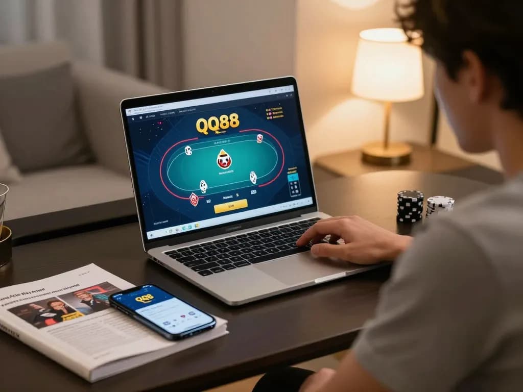 Engaging online poker player immersed in QQ88 gaming strategy at home.