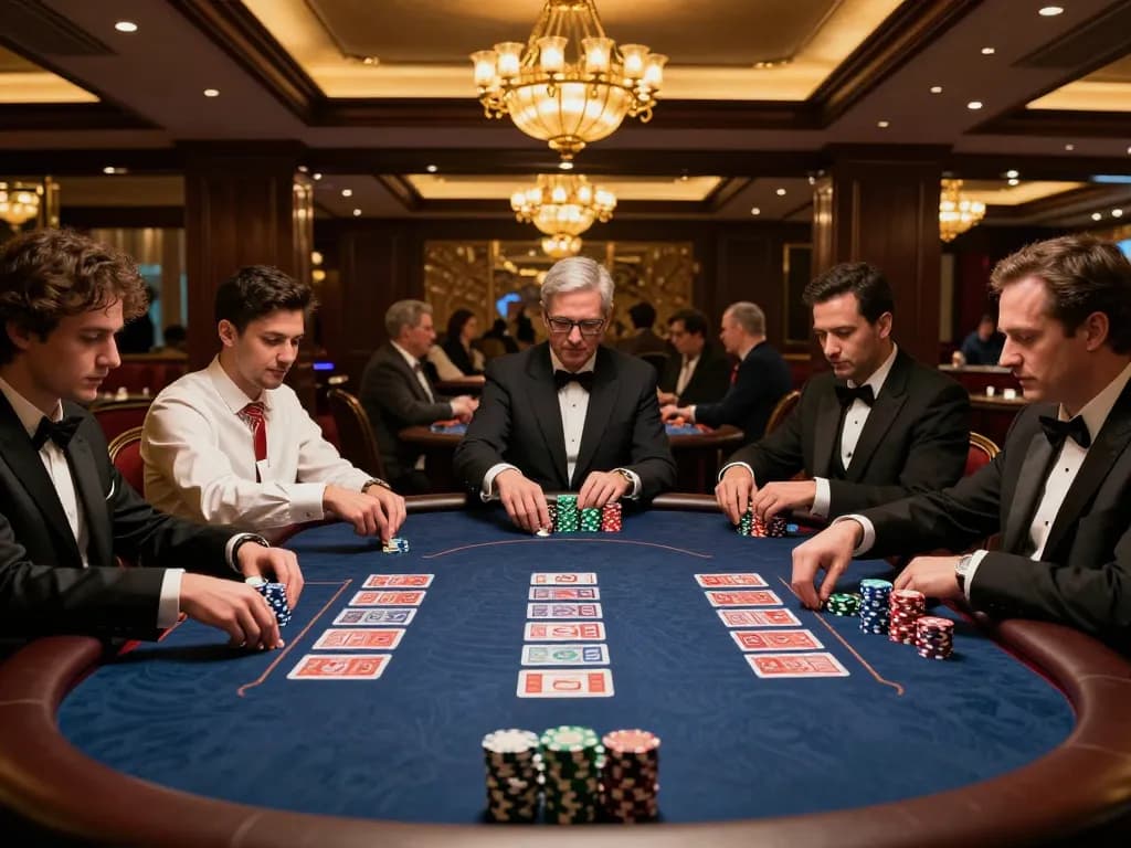uu88 poker game with players strategizing, elegant table setting in a luxurious casino atmosphere.