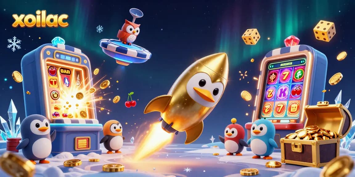 Xoilac-themed illustration featuring a golden penguin in a casino scene with rich gaming elements.