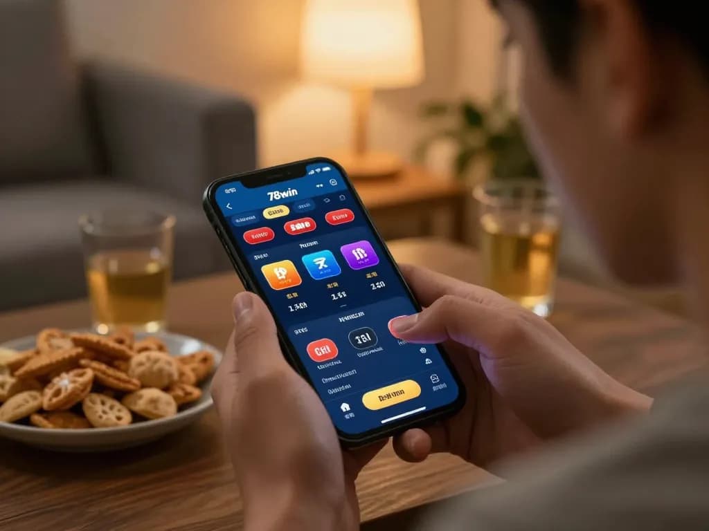 Engaging with 78win app during live betting at home for enhanced gaming experience.