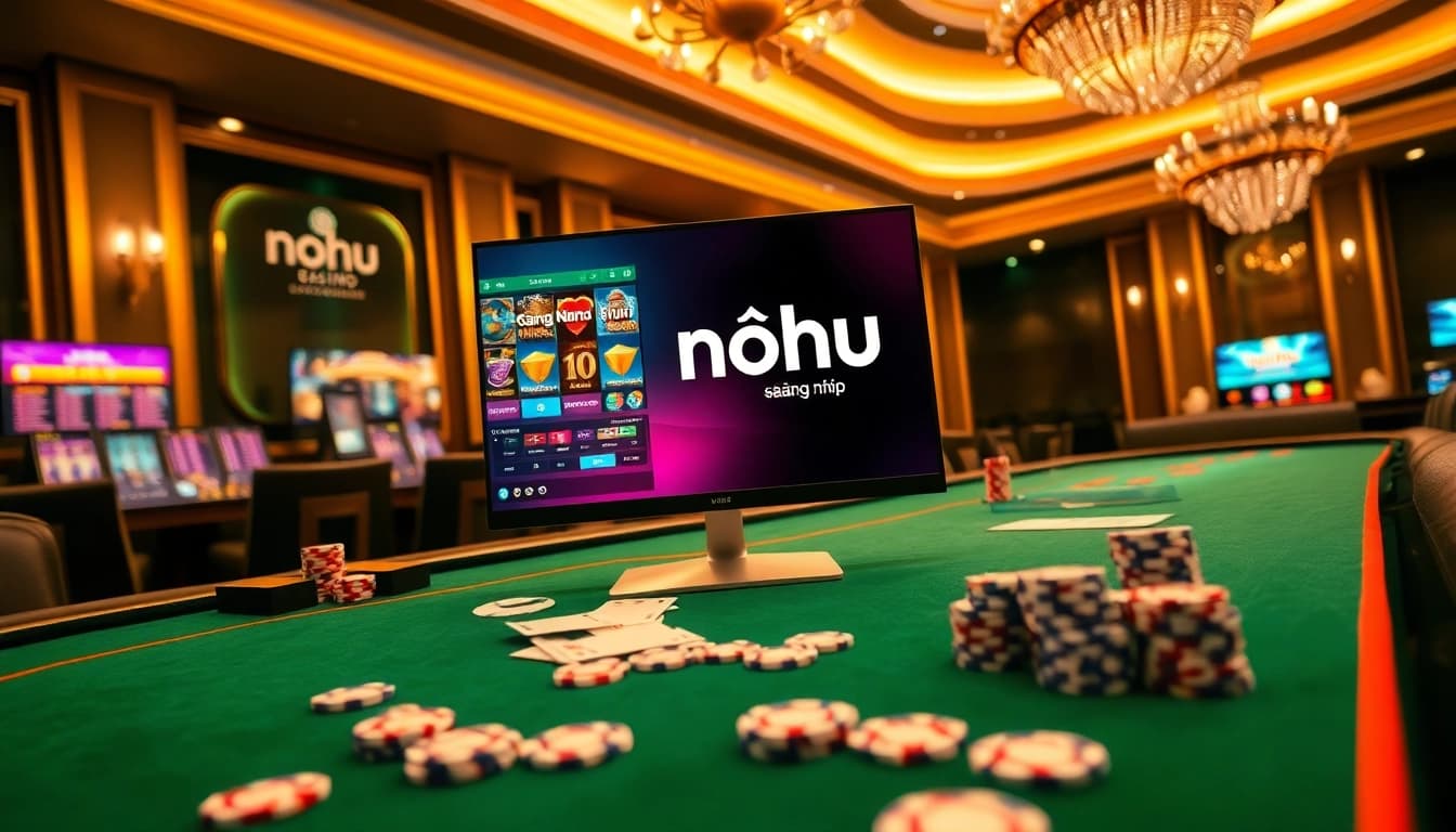 Nohu đăng nhập vibrant online casino scene with desktop games, chips, and betting slips.