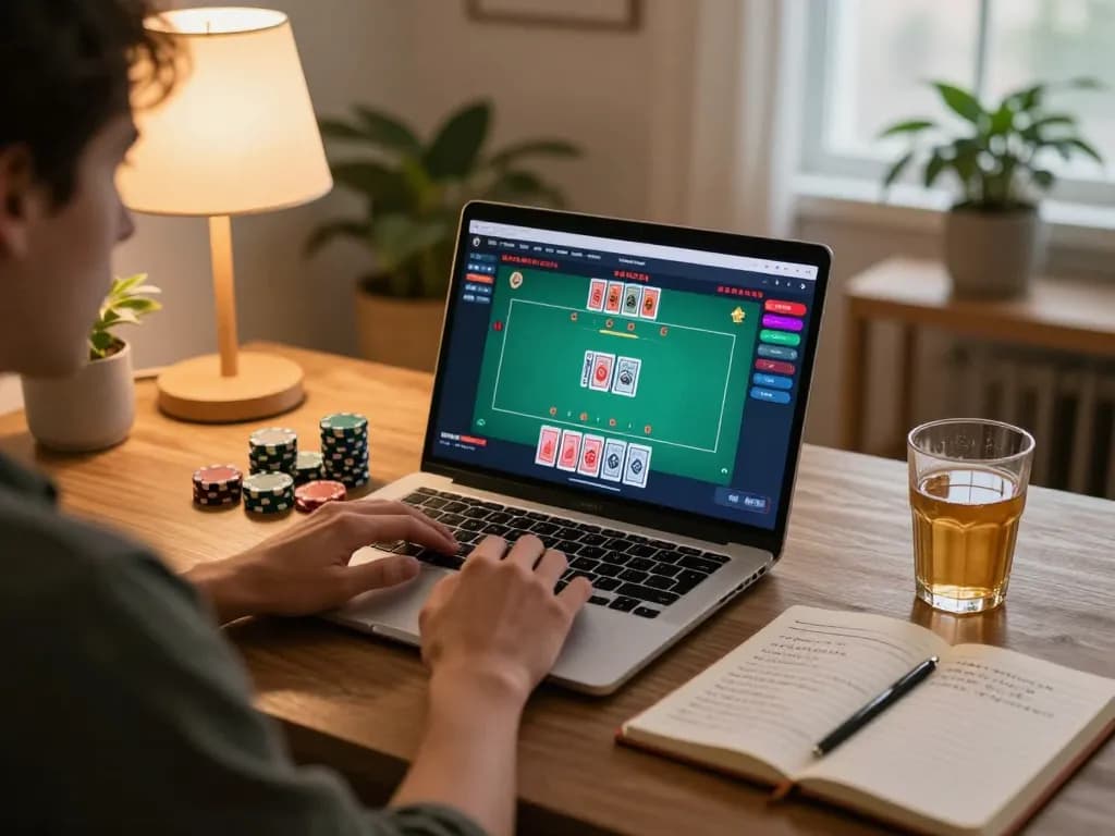Engaged player enjoying go99 online blackjack session using laptop at home, warm lighting creating inviting atmosphere.
