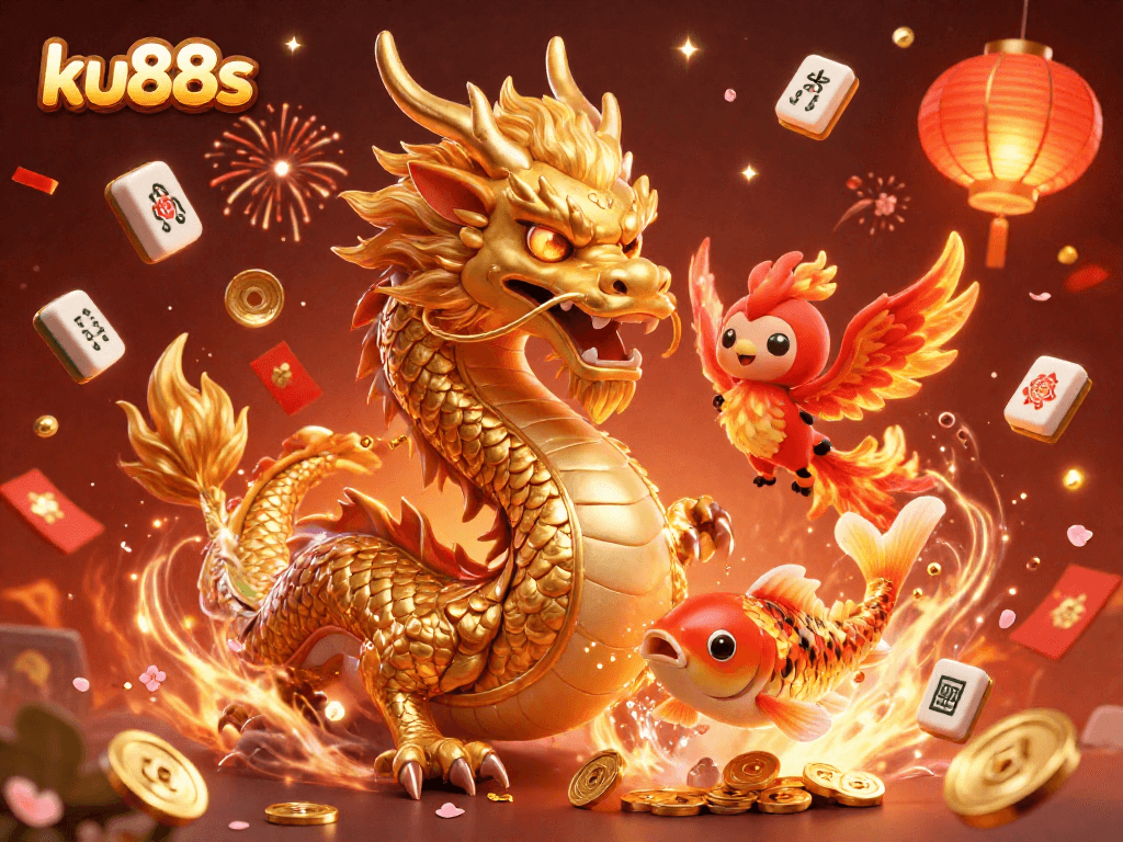 Experience the thrill of ku88s with a vibrant 3D casino illustration featuring dynamic characters and elements.