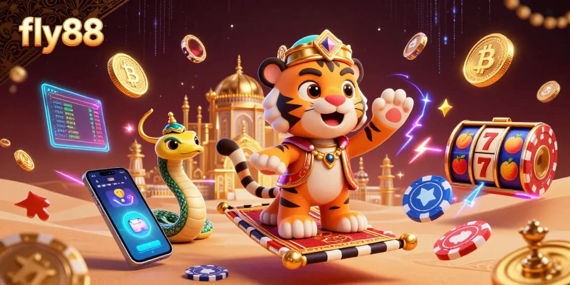 Fly88 features a dynamic 3D scene with a sultan on a poker chip carpet surrounded by vibrant casino elements.