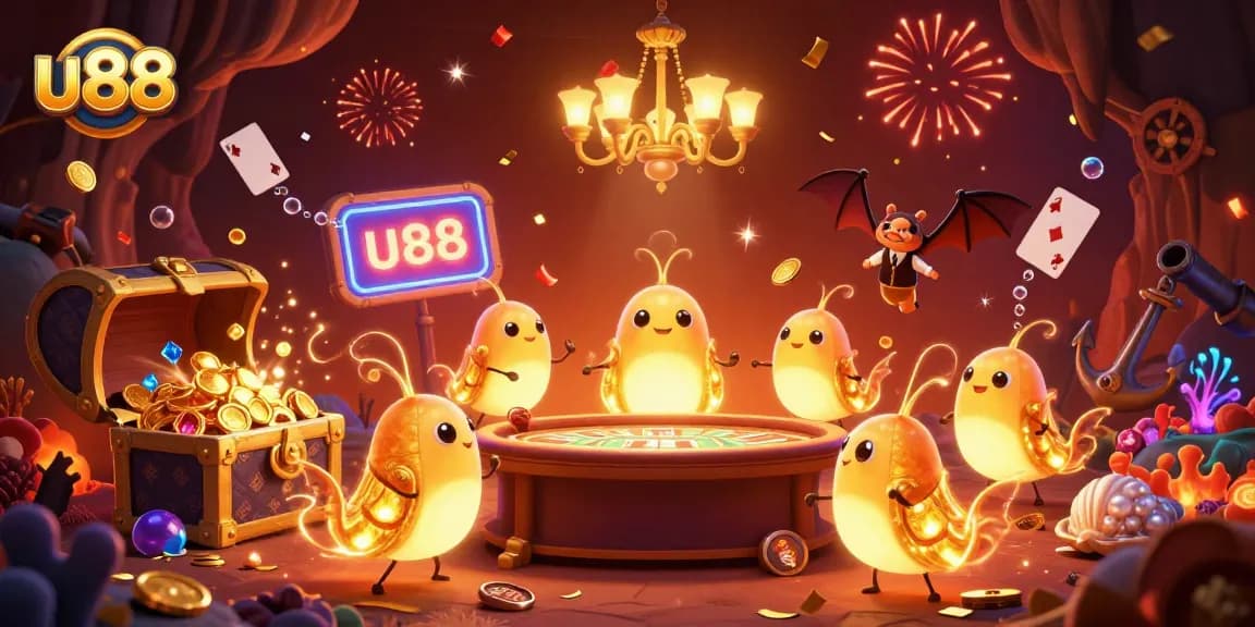 Experience thrilling wins at u88's cave casino, illuminated by glowing characters and vibrant game elements.