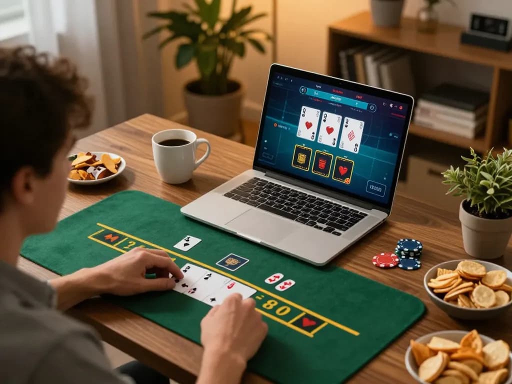 iwin blackjack gameplay on a laptop with cozy home setup and warm lighting.