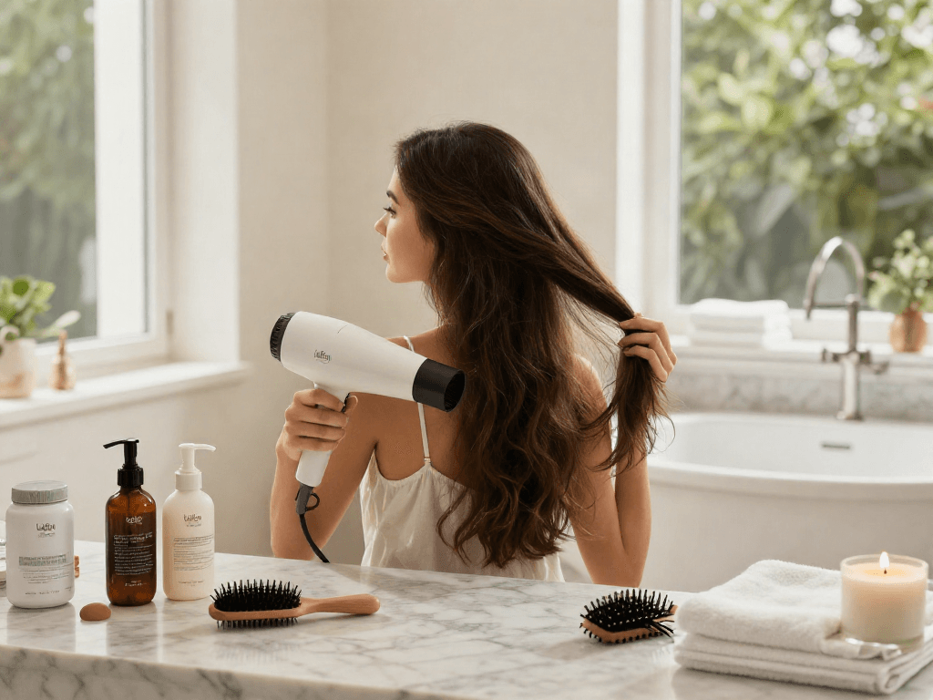 Junge Frau benutzt den Laifen Mini Haartrockner in einem eleganten Badezimmer mit dekorativen Haarpflegeprodukten.
