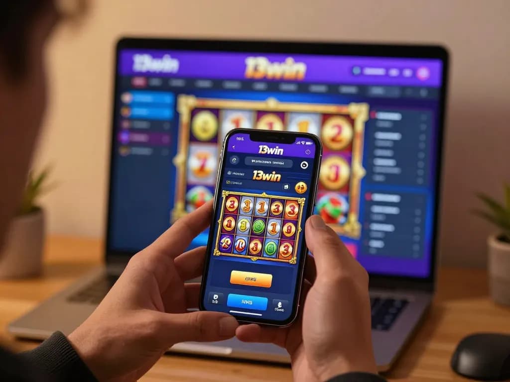 Player engaged with 13win casino app, enjoying colorful slot games on smartphone in a cozy home setting