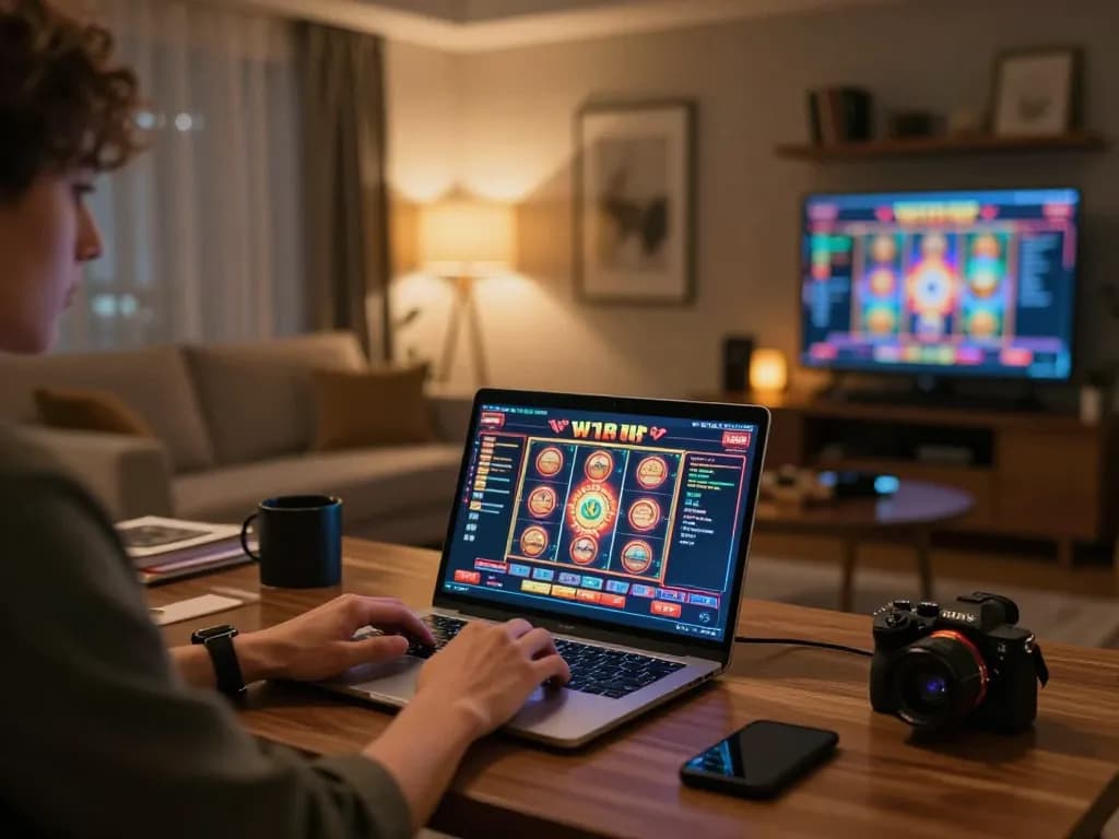 Engaging in W188 VIP online gaming on a laptop with a stylish home setup
