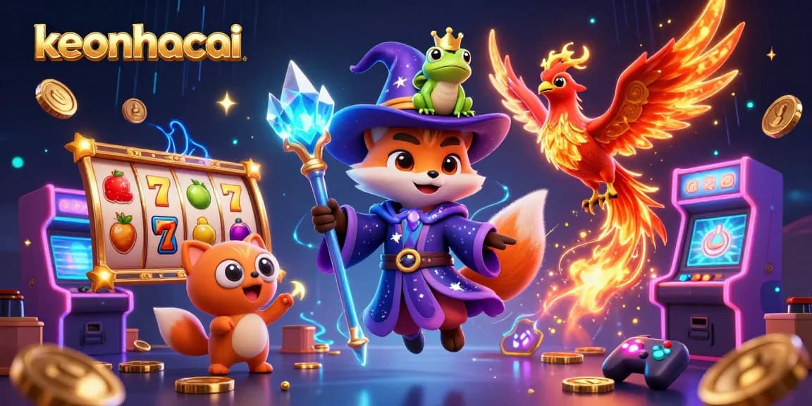 Engage with keonhacai slot adventures featuring a wizard fox, phoenix, and vibrant casino elements.