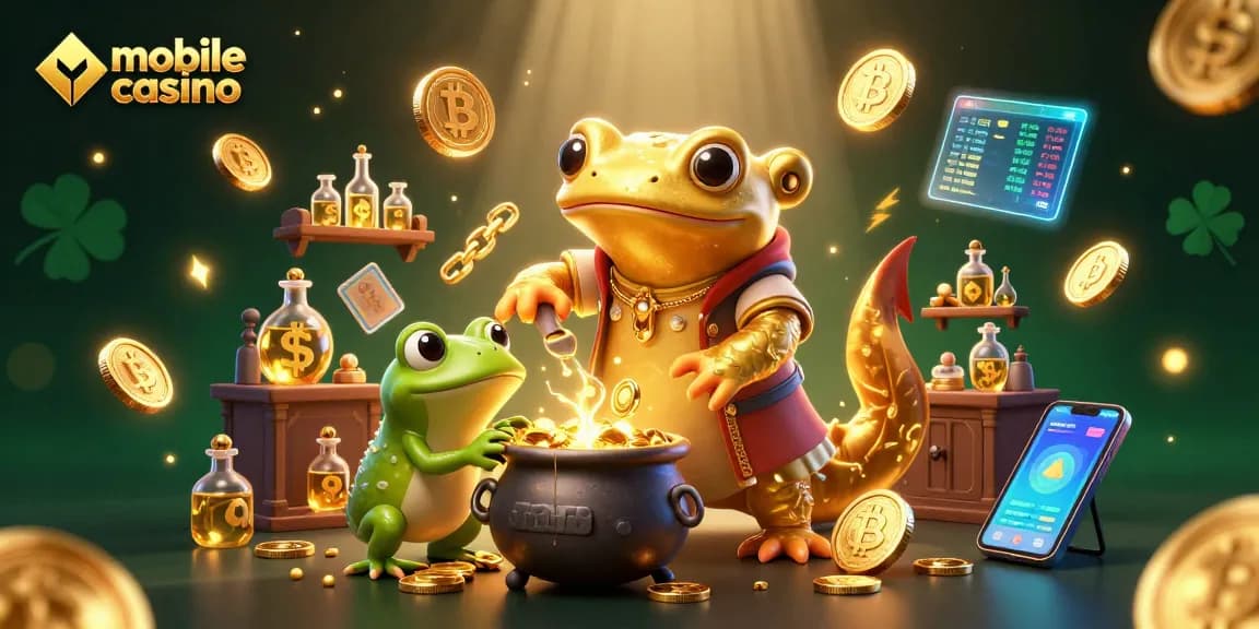 Experience mobile casino excitement with 3D alchemists crafting gold in a vibrant digital scene.
