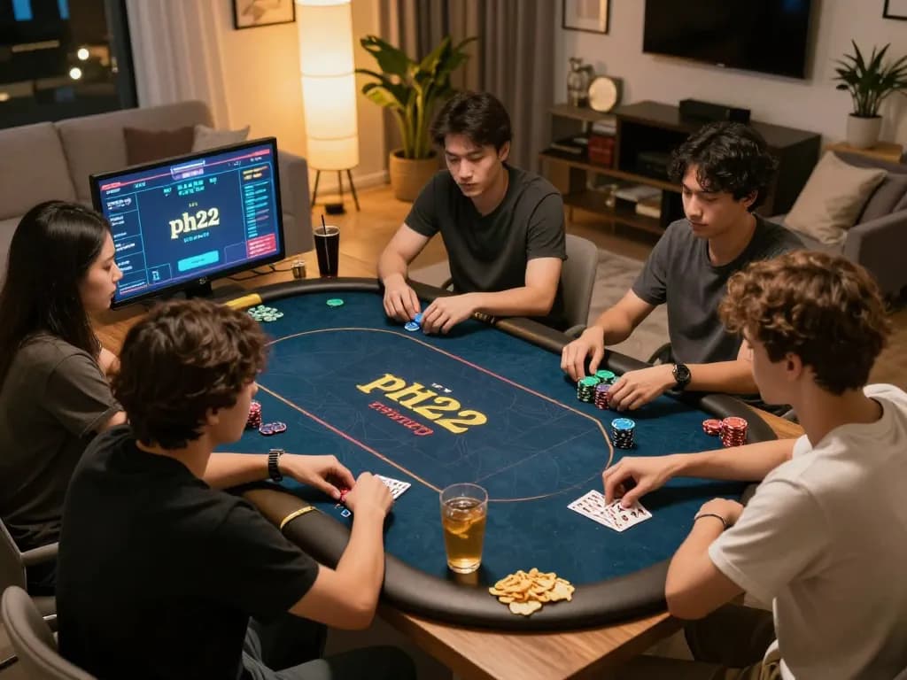 Players enjoying a dynamic online poker game on ph22 platform in a cozy home setting.