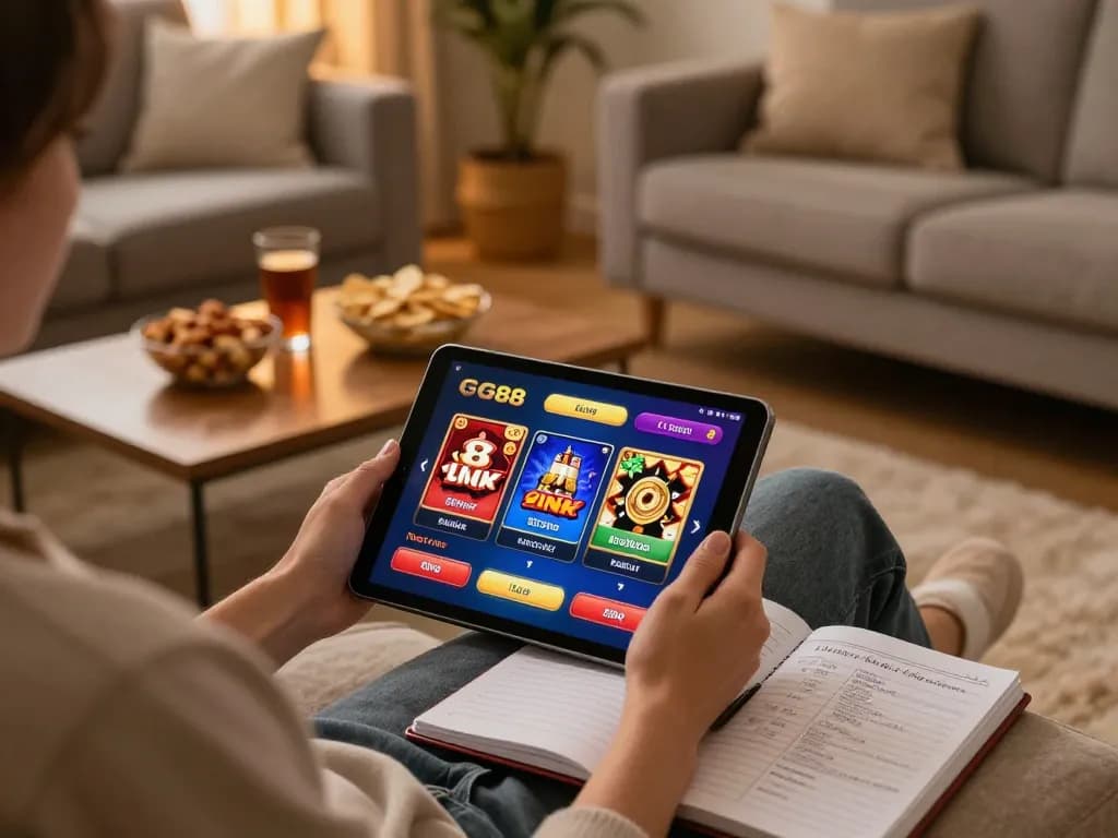 Engaging user enjoying the GG88 Link online casino experience on a cozy tablet