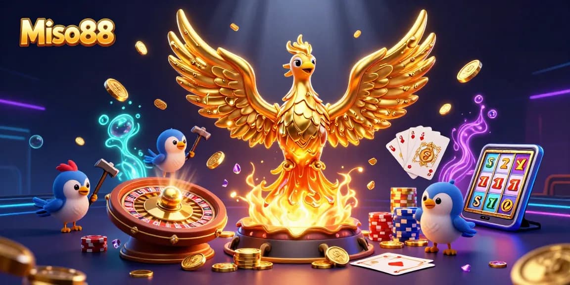 Miso88 offers a thrilling casino experience featuring a phoenix symbolizing wealth, surrounded by golden coins and vibrant game elements.